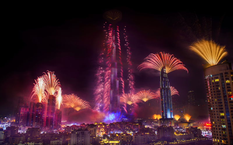 Burj Khalifa fireworks show in Dubai at night