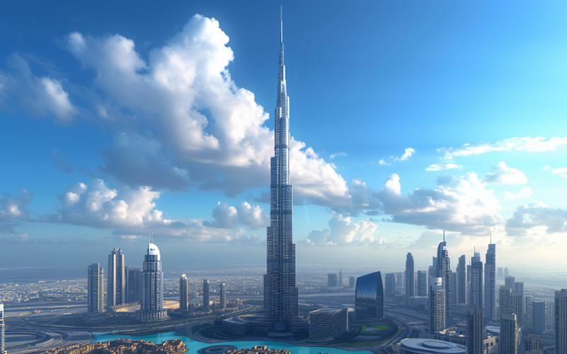 Panoramic view of Burj Khalifa towering over downtown Dubai 