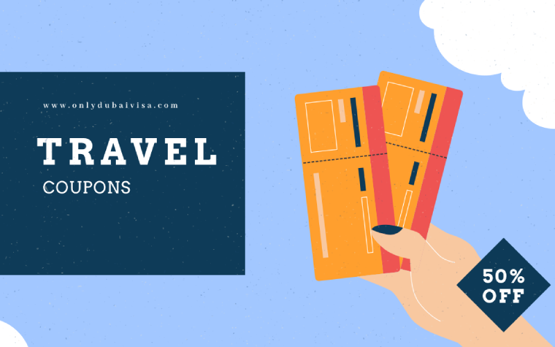 Hand holding travel coupons with 50% off discount – OnlyDubaiVisa.com promotion