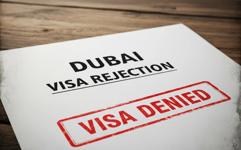 Dubai visa rejection letter stamped with "Visa Denied" in red on a wooden desk