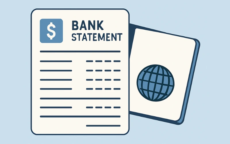 Illustration of a bank statement and passport representing financial requirements for a Dubai visa application