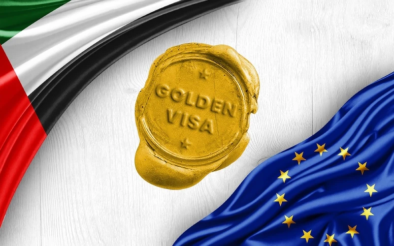 Golden Visa with UAE and EU flags