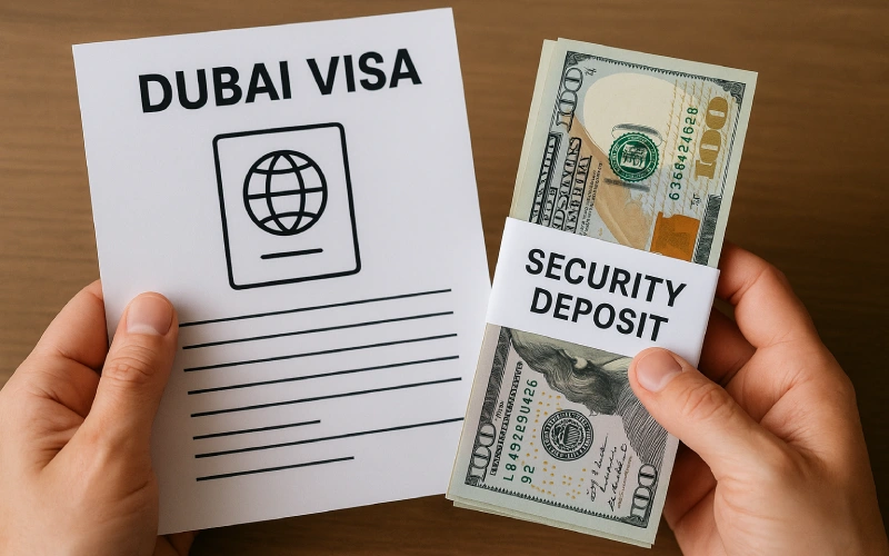 Hands holding Dubai visa document and security deposit cash