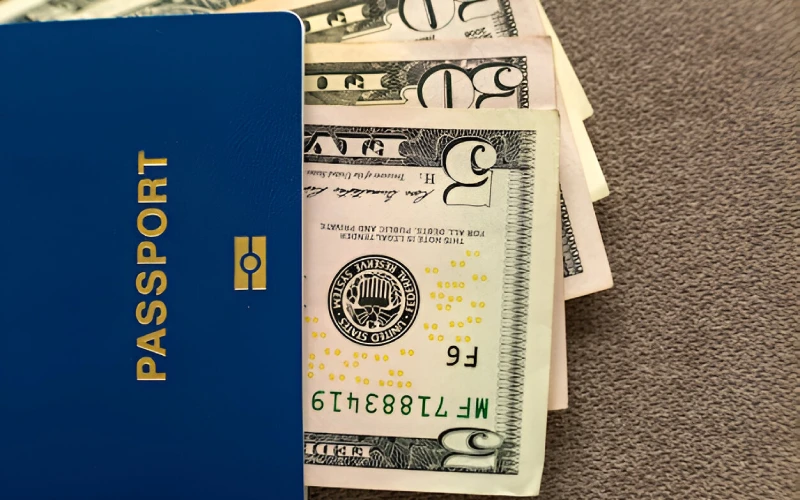 Passport with money symbolizing visa security deposit